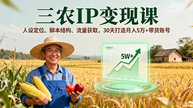 三农IP变现课，人设定位、脚本结构、流量获取，30天打造月入5万+带货账号-副业网