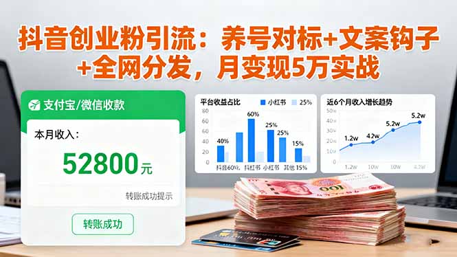 抖音创业粉引流：养号对标+文案钩子+全网分发，月变现5万实战-副业网