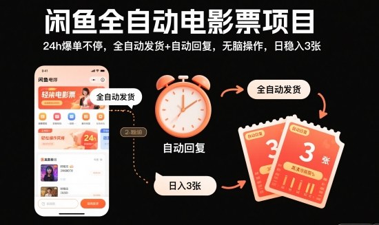 闲鱼全自动电影票项目，24h爆单不停，全自动发货+自动回复，无脑操作，日稳入3张【揭秘】-副业网