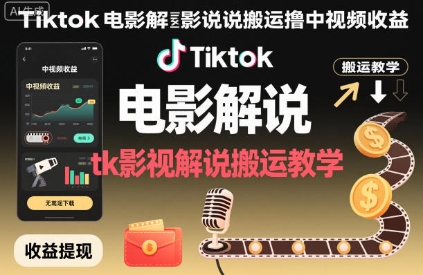 Tiktok电影解说搬运撸中视频收益，tk影视解说搬运教学-副业网