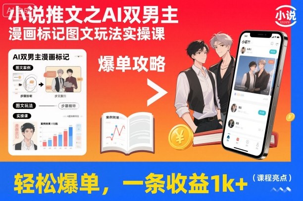 小说推文之AI双男主漫画标记图文玩法实操课，轻松爆单，一条收益1k+-副业网