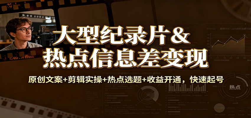 大型纪录片&热点信息差变现：原创文案+剪辑实操+热点选题+收益开通，快速起号-副业网