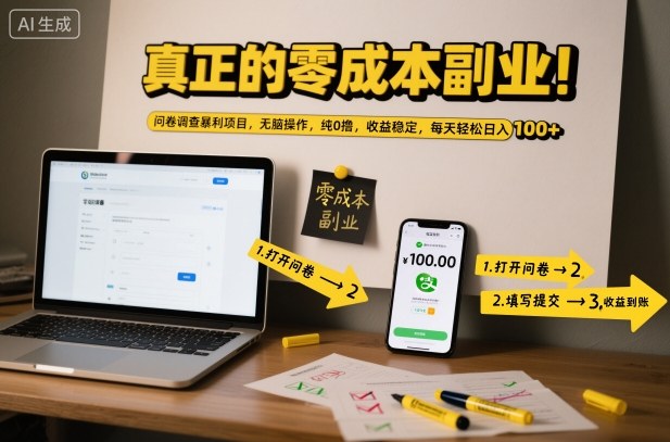 真正的零成本副业！问卷调查暴利项目，无脑操作，纯0撸，收益稳定，每天轻松日入100+【揭秘】-副业网