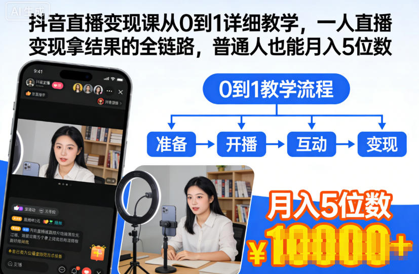 抖音直播变现课从0到1详细教学，一人直播变现拿结果的全链路，普通人也能月入5位数-副业网