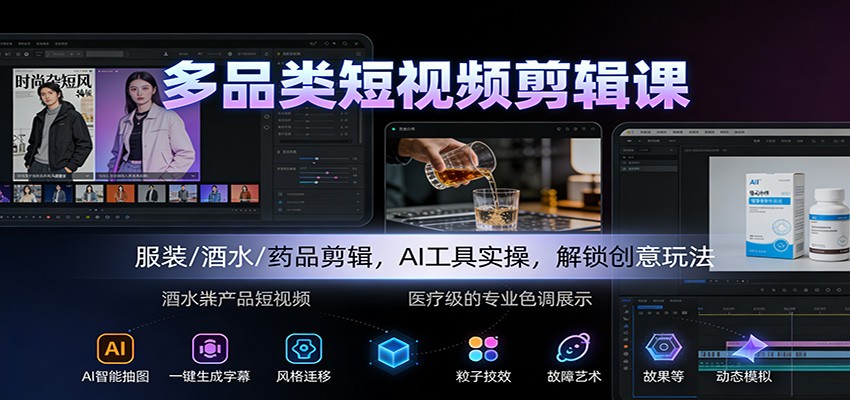 多品类短视频剪辑课：服装/酒水/药品剪辑，AI工具实操，解锁创意玩法-副业网