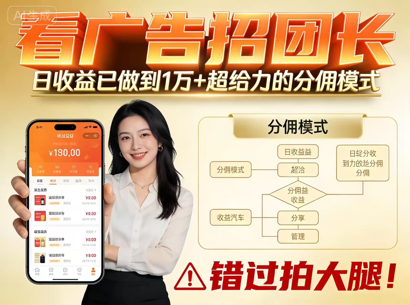 看广告招团长，团队收益已做到日入1万，分佣模式超给力，错过拍大腿-副业网