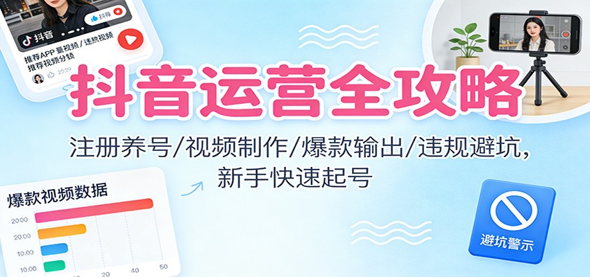 抖音运营全攻略：注册养号/视频制作/爆款输出/违规避坑，新手快速起号-副业网