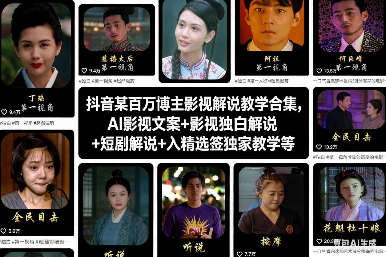 抖音某百万博主影视解说教学合集，AI影视文案+影视独白解说+短剧解说+入精选签独家教学等-副业网