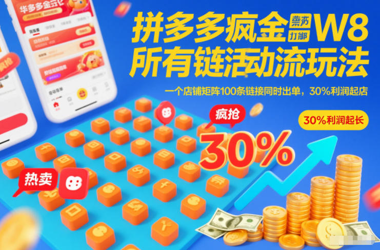 拼多多疯狂活动流玩法，所有链接全部打标，一个店铺矩阵100条链接同时出单，30%利润起店-副业网