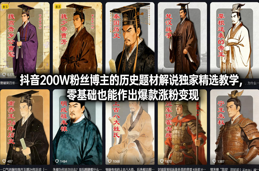 抖音200W粉丝博主的历史题材解说独家精选教学，零基础也能作出爆款涨粉变现-副业网