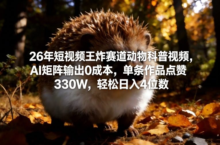 26年短视频王炸赛道动物科普视频，AI矩阵输出0成本，单条作品点赞330W，轻松日入4位数-副业网