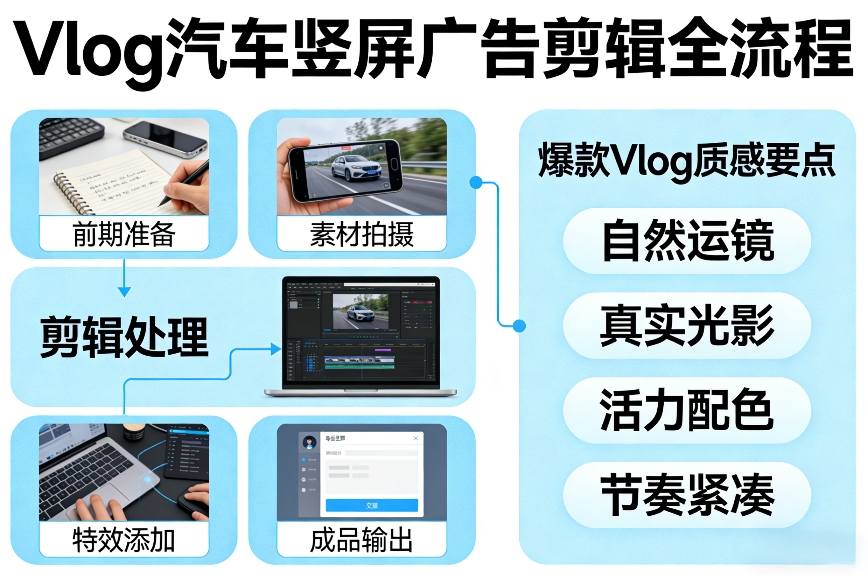 Vlog感觉汽车竖屏广告剪辑脚本全流程，拿捏爆款Vlog质感-副业网