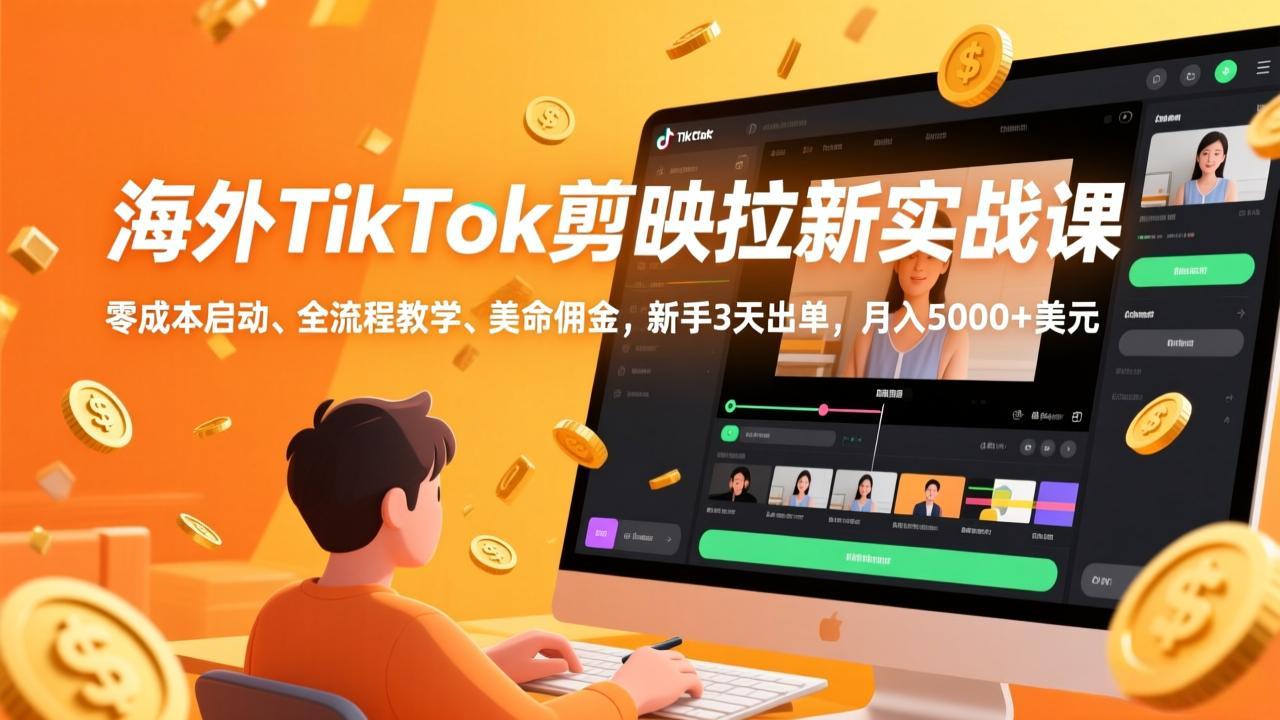 海外TikTok剪映拉新实战课，零成本启动、全流程教学、美金佣金，新手3天出单，月入5000+美元-副业网