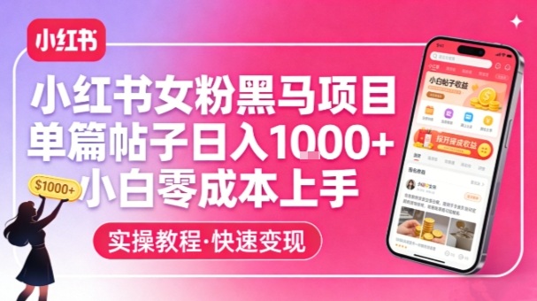 小红书女粉黑马项目，单篇帖子日入1k+，小白零成本上手-副业网