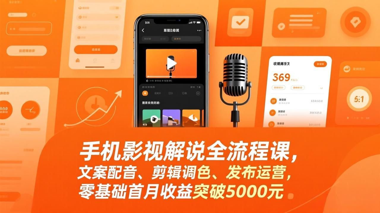 手机影视解说全流程课，文案配音、剪辑调色、发布运营，零基础首月收益突破5000元-副业网