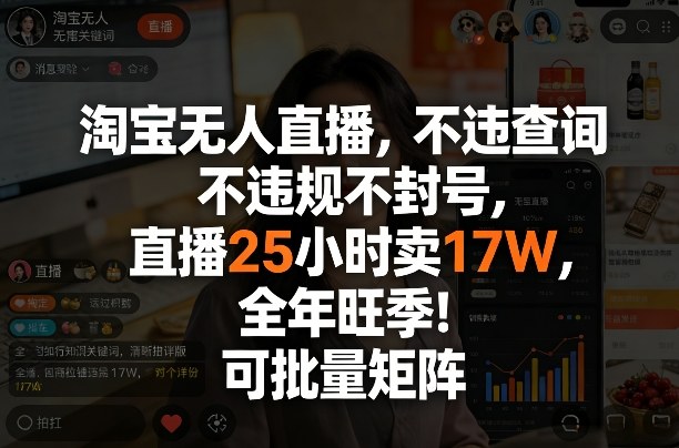 淘宝无人直播，不违规不封号，直播25小时卖17W，全年旺季！可批量矩阵【揭秘】-副业网