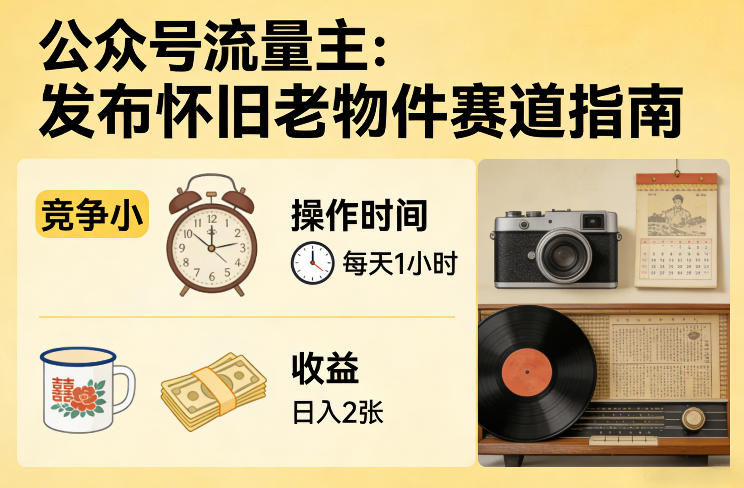公众号流量主之发布怀旧老物件赛道，竞争小，每天操作1小时，日入2张-副业网