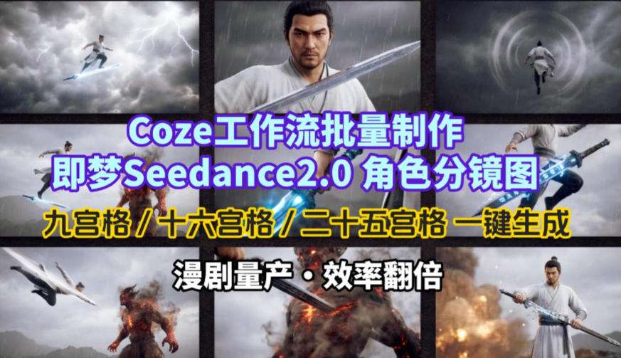 Coze工作流批量制作即梦Seedance2.0角色分镜图，九宫格-十六宫格-二十五宫格一键生成，漫剧量产，效率翻倍-副业网