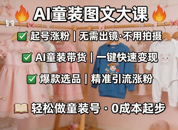 AI童装图文剪辑，某社群童装图文大课，起号涨粉、AI童装带货、爆款选品，无需出镜和拍摄-副业网