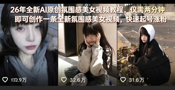 26年全新AI原创氛围感美女视频教程，仅需两分钟即可创作一条全新氛围感美女视频，快速起号涨粉-副业网