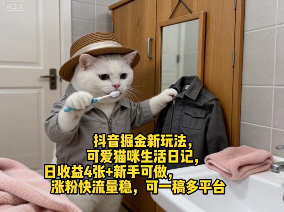 抖音掘金新玩法，可爱猫咪生活日记，日收益4张+新手可做，涨粉快流量稳，可一稿多平台-副业网