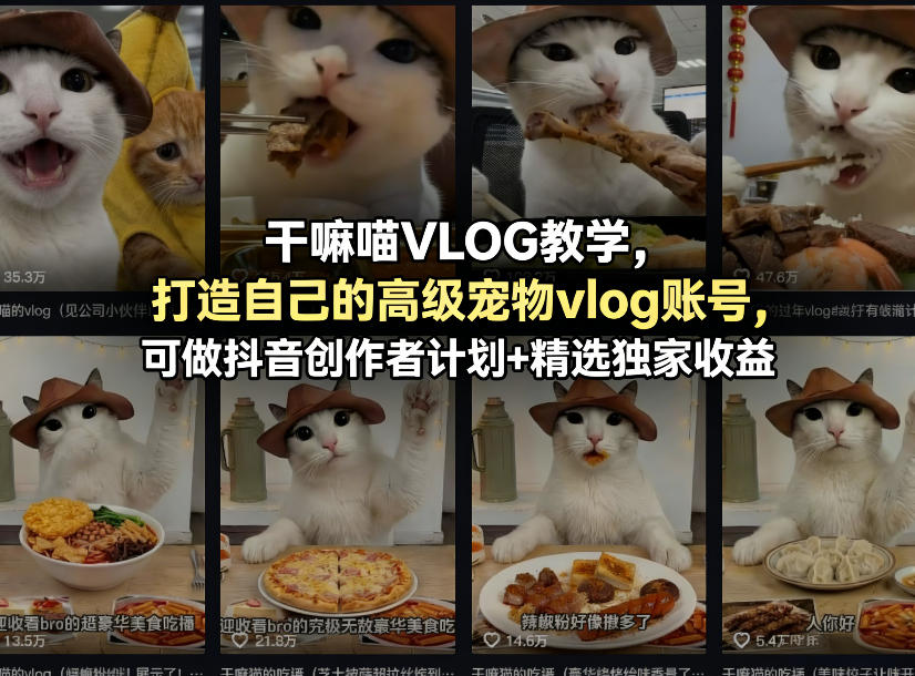 干嘛喵VLOG教学，打造自己的高级宠物vlog账号，可做抖音创作者计划+精选独家收益-副业网