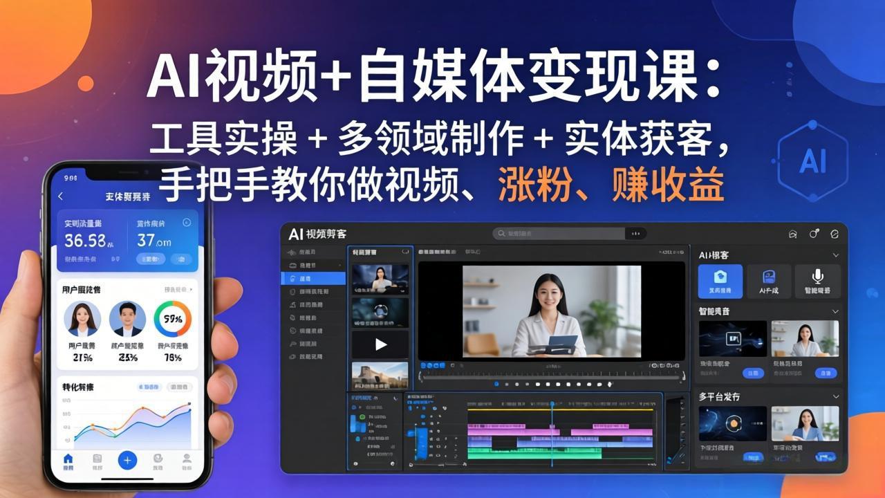 AI视频+自媒体变现课：工具实操 + 多领域制作 + 实体获客，手把手教你做视频、涨粉、赚收益-副业网