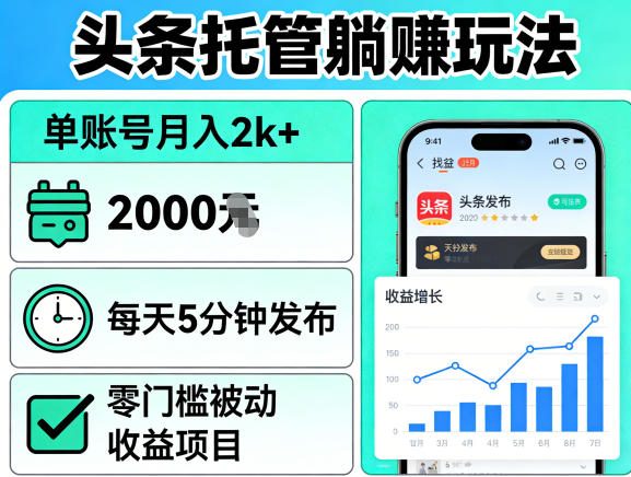 头条托管躺賺玩法，单账号月入2k+，每天5分钟发布即可，零门槛被动收益项目【揭秘】-副业网