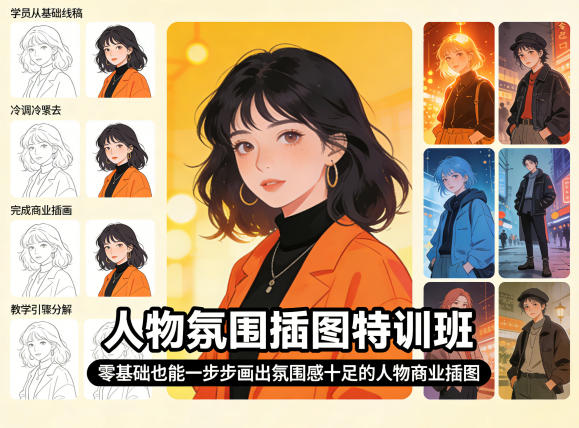 人物氛围插图特训班，零基础也能一步步画出氛围感十足的人物商业插图-副业网