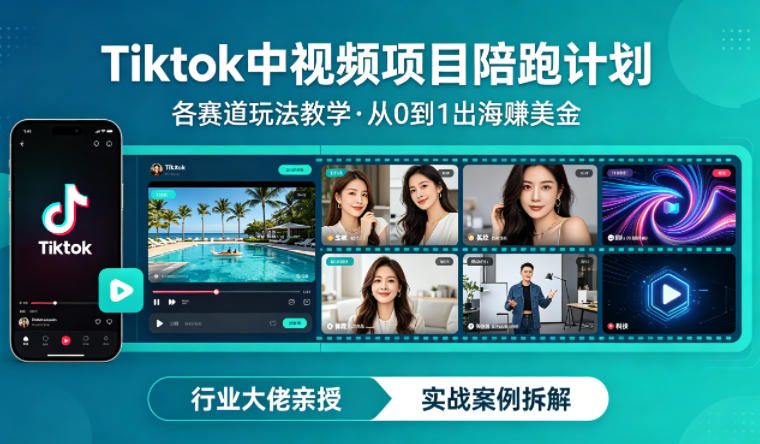 某大佬的Tiktok中视频项目陪跑，涵盖TK各个赛道玩法教学，从0到1出海賺美金-副业网