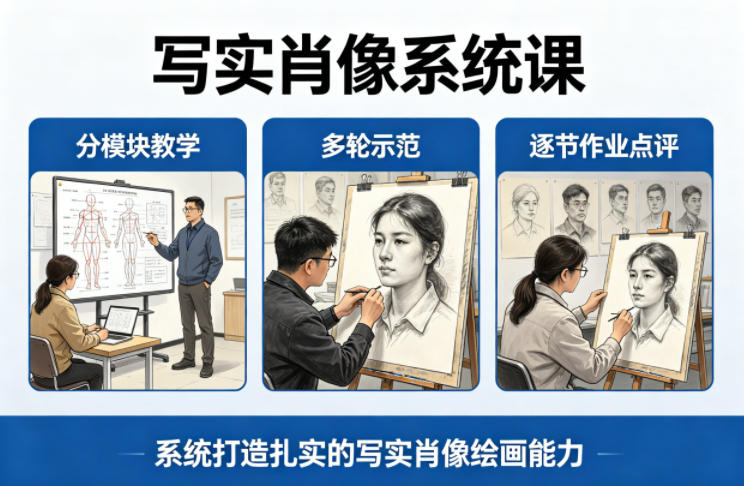 写实肖像系统课，全程分模块教学+多轮示范+逐节作业点评，系统打造扎实的写实肖像绘画能力-副业网