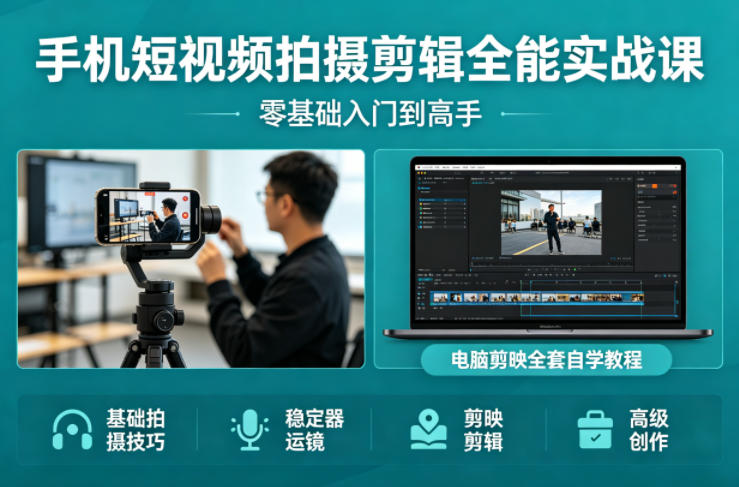 手机短视频拍摄剪辑全能实战课：零基础入门到高手，稳定器运镜+电脑剪映全套自学教程-副业网
