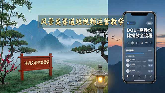 风景类赛道短视频运营教学：诗词文学中式美学，新号养号对标账号定位，DOU+高性价比投放全流程-副业网