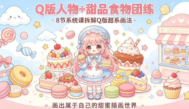 Q版人物+甜品食物团练，8节系统课拆解Q版甜系画法，画出属于自己的甜蜜插画世界-副业网