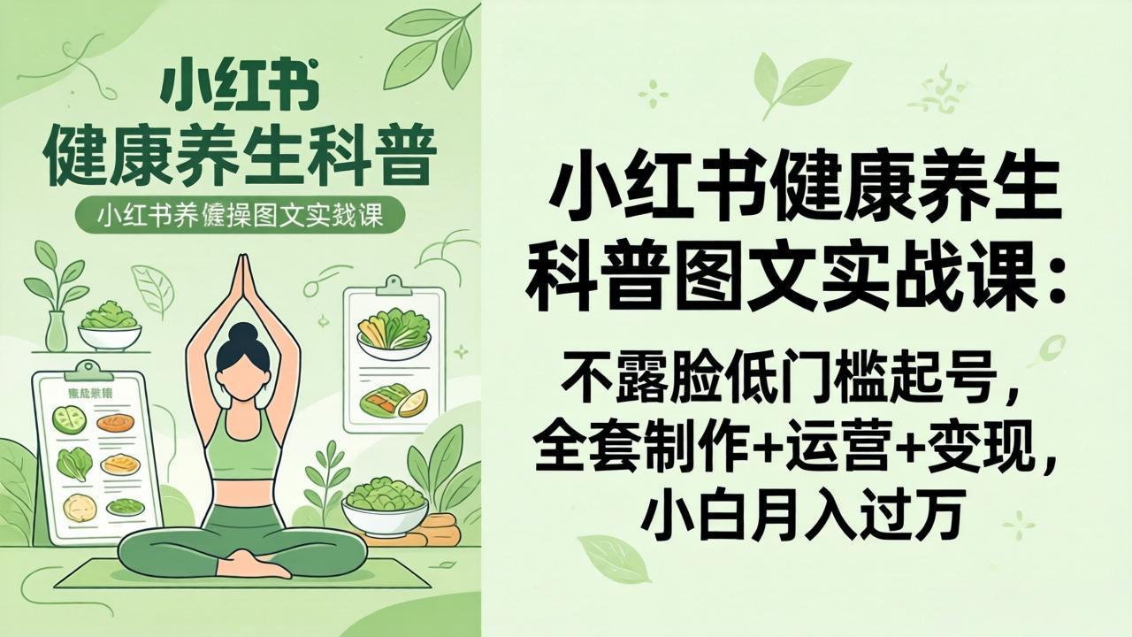 2026小红书健康养生科普图文实战课：不露脸低门槛起号，全套制作+运营+变现，小白月入过万-副业网