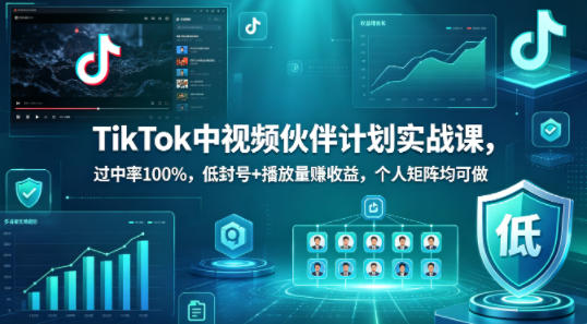 TikTok中视频伙伴计划实战课，过中率100%，低封号+播放量賺收益，个人矩阵均可做-副业网