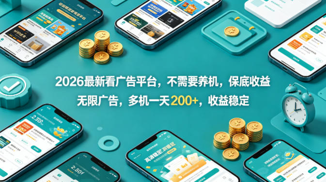 2026最新看广告平台，不需要养机，保底收益，无限广告，多机一天200+，收益稳定【揭秘】-副业网
