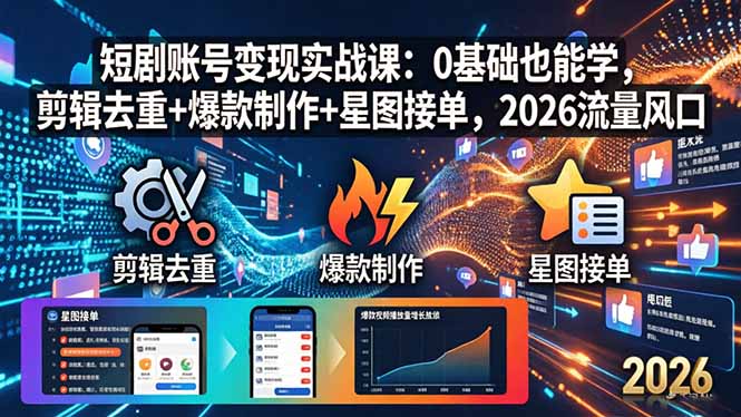 短剧账号变现实战课：0基础也能学，剪辑去重+爆款制作+星图接单，2026流量风口-副业网