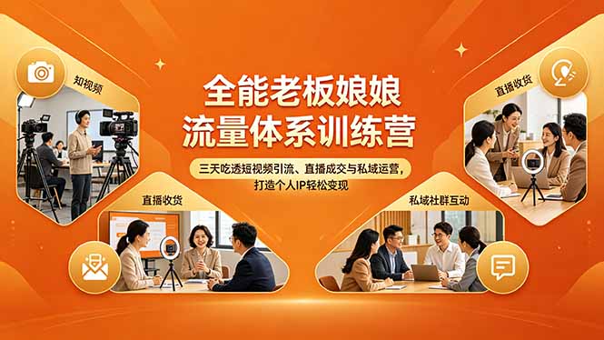 全能老板娘流量体系训练营，三天吃透短视频引流、直播成交与私域运营，打造个人IP轻松变现-副业网