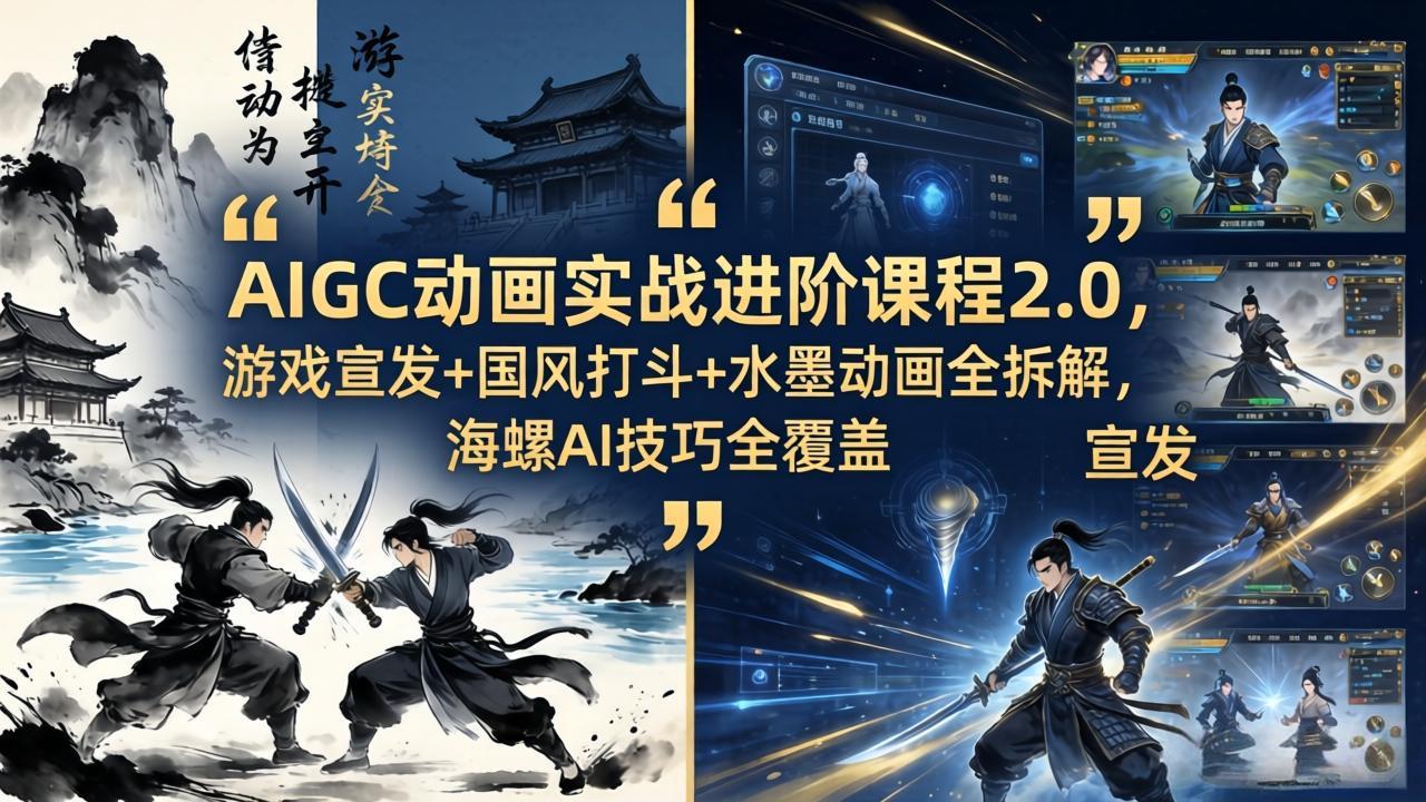 AIGC动画实战进阶课程2.0，游戏宣发+国风打斗+水墨动画全拆解，海螺AI技巧全覆盖-副业网