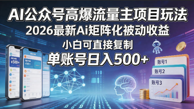 AI公众号高爆流量主项目玩法，2026最新Ai矩阵化被动收益，小白可直接复制，单账号日入500+-副业网