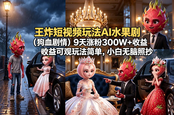 王炸短视频玩法AI水果剧(狗血剧情)9天涨粉300W+收益可观玩法简单，小白无脑照抄，详细拆解玩法-副业网