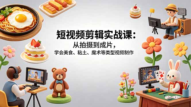 短视频剪辑实战课：从拍摄到成片，学会美食、粘土、魔术等类型视频制作-副业网