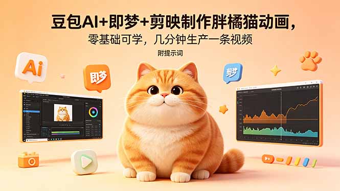 豆包AI+即梦+剪映制作胖橘猫动画，零基础可学，几分钟生产一条视频，附提示词-副业网
