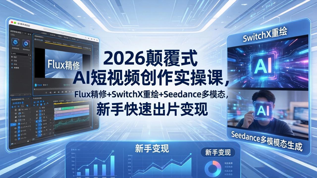 2026颠覆式 AI短视频创作课-5月更新，Flux精修+SwitchX重绘+Seedance多模态，新手快速出片变现-副业网