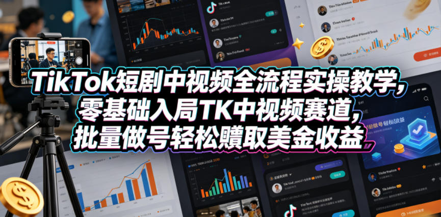 TikTok短剧中视频全流程实操教学，零基础入局TK中视频赛道，批量做号轻松賺取美金收益-副业网