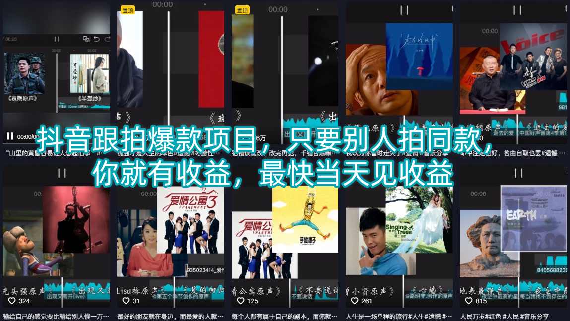 抖音跟拍爆款项目，只要别人拍同款，你就有收益，最快当天见收益-副业网