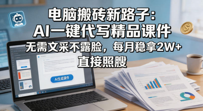 电脑搬砖新路子：AI一键代写精品课件，无需文采不露脸，每月稳拿2W+，直接照搬-副业网