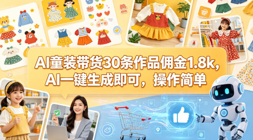 AI童装带货30条作品佣金1.8k，AI一键生成即可，操作简单-副业网