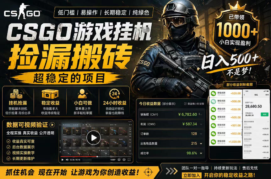 CSGO游戏搬砖，全自动挂G，不需要玩游戏，手机操作日入300+，解放双手【揭秘】-副业网